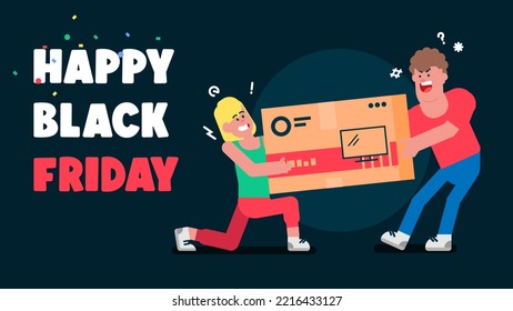 Two angry peaple fighting to get the smart TV box in Black Friday, Sale and discounts banners in flat style, Vector Avatar illustration 