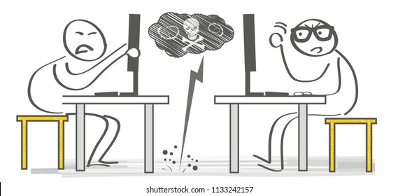 two angry persons with a computer sitting on a chairs in the office