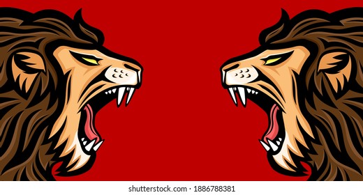 Two angry roaring lions on a red background.