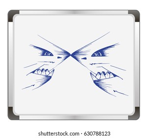 Two angry sharks face to face on flip chart background. Free hand drawn. Vector illustration. 