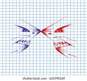 Two angry sharks face to face on copybook background. Free hand drawn. Vector illustration. 