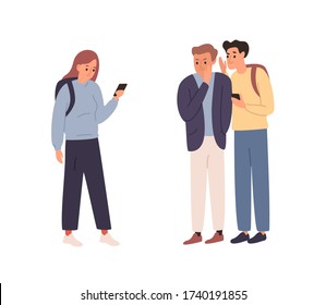Two angry student guy spreading rumors and gossiping about girl classmate vector flat illustration. Female holding mobile feeling cyberbullying isolated on white. School bullying and harassment