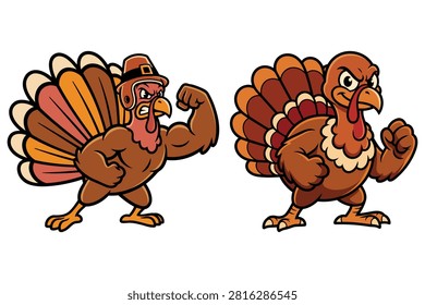 Two angry thanksgiving turkey characters flexing muscles and wearing pilgrim hats
