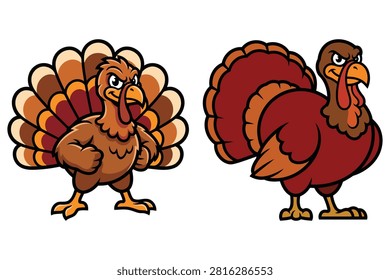 Two angry thanksgiving turkey characters standing proudly with feathers out bird