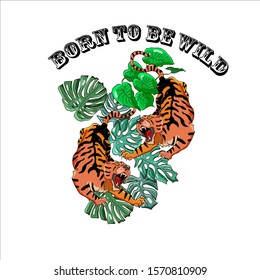 Two angry tigers in the jungle and the inscription BORN TO BE WILD. Tattoo artwork in old vintage style. Vector illustration for badges, print for t-shirt.