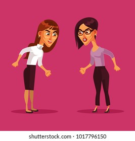 Two angry woman characters arguing. Vector flat cartoon illustration
