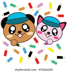 The two animals are holding a colour pencil.