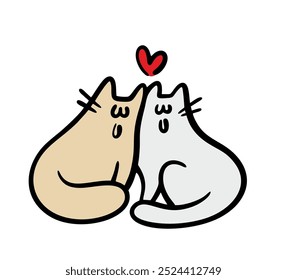 Two animals in love cling to each other and hug. Vector illustration of cute cats on Valentines day. Pets are friends together.