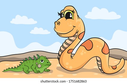 Two animals on the field, a snake and a cute iguana, Illustration of cute Cartoon