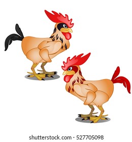 Two Animated Cartoon Plucked Rooster With Black And Red Tail Isolated On White Background. Vector Illustration.