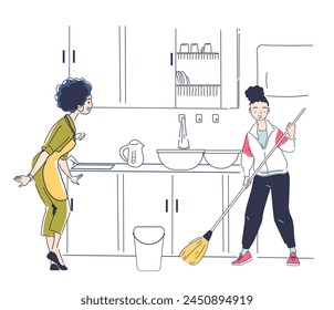 Two animated characters cleaning a kitchen, with a minimalist graphic style on a white background, concept of household chores. Minimal style line art flat vector illustration