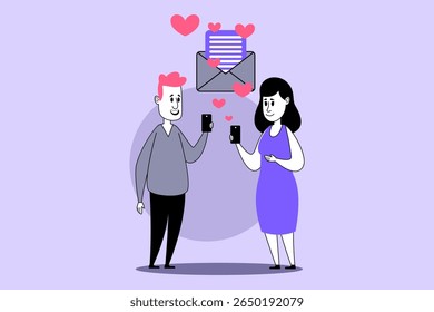 Two animated characters in digital setting exchanging messages while holding smartphones. Love symbols and email icon highlighting their communication