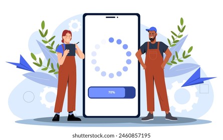 Two animated characters next to a giant smartphone showing a loading screen, on a light abstract background, illustrating technology concepts. Flat vector illustration