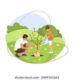 Two animated characters planting a tree, cartoon style, on a green and blue background, concept of environmental care. Vector illustration