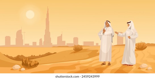 Two animated characters in traditional Arabian clothing with a cityscape background, vector illustration, desert theme. Vector illustration