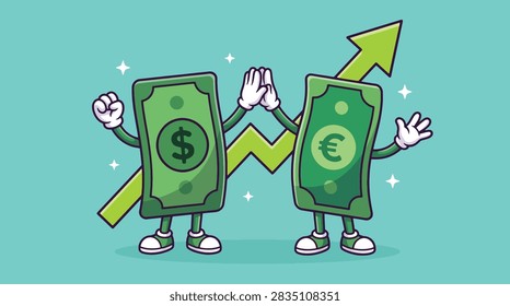 Two animated currency bills representing the dollar and euro celebrate with a high five while standing before a green upward growth arrow