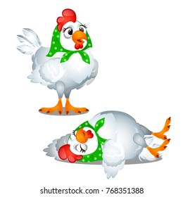 Two animated funny chicken in a green polka dot headscarf isolated on white background. Sample of poster, party invitation, festive banner, card. Vector cartoon close-up illustration.