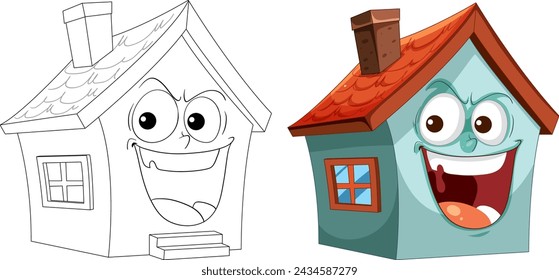Two animated houses showing cheerful expressions.