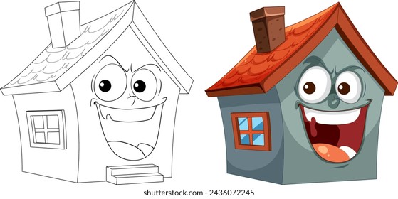 Two animated houses showing cheerful expressions.