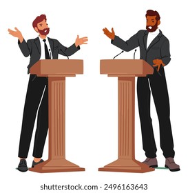 Two Animated Men Engage In A Spirited Debate, Gesturing Emphatically As They Make Their Points. Characters Stand Behind Wooden Podiums Isolated on White Background. Cartoon People Vector Illustration
