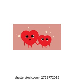 Two animated red heart characters with faces and arms holding hands against a pink background with floating dots.