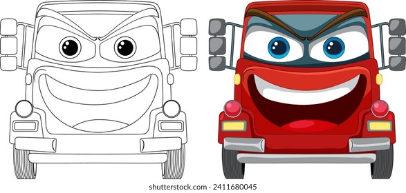 Two animated trucks smiling with vibrant personalities
