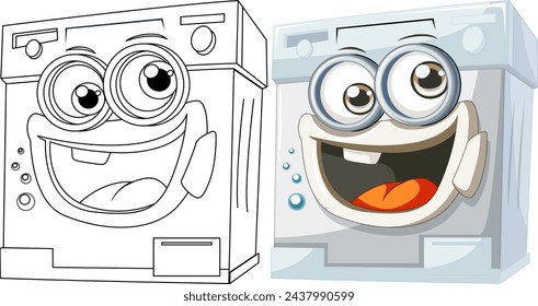 Two animated washing machines with cheerful faces