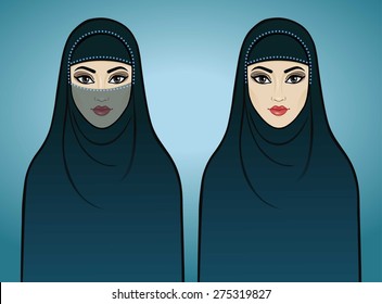 Two animation Arab girls in traditional clothes. Isolated on a blue background.