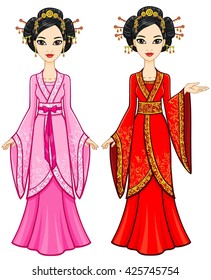Two animation Asian girls in different poses in traditional clothes. Full growth. Vector illustration isolated on a white background.