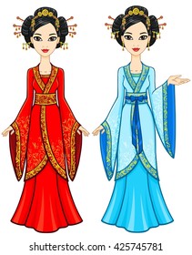 Two animation Asian girls in different poses in traditional clothes. Full growth. Vector illustration isolated on a white background.