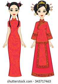 Two animation Chinese girls in traditional clothes.  Isolated on a white background.