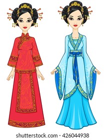 Two Animation Chinese Girls Traditional Clothes Stock Vector (Royalty ...