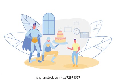 Two Animators, Young Men, Dressed Like Heroes with Supernatural Abilities, Entertaining Guests at Birthday Party. Huge Cake with Candles for Birthday Boy. Happy Teenager, Celebrating and Having Fun.