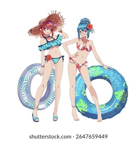 Two anime characters in vibrant swimwear exuding cheerful summer vibes. Each holding colorful inflatables, set against a plain background. Perfect for beach themes.