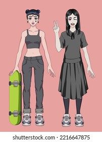Two anime female gothic charters standing together. Cartoon manga style girls.