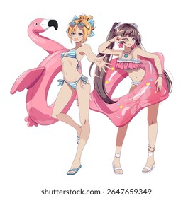 Two anime girls in colorful swimwear pose joyfully with inflatable toys. Brightly colored backgrounds and playful expressions depict summer fun. Perfect for beachthemed designs.