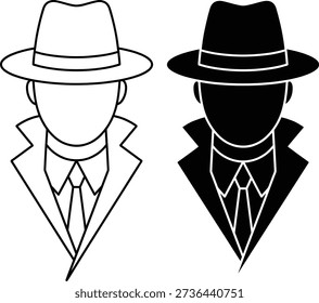 Two anonymous men in hats and suits on white background