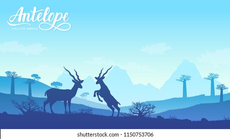 two antelopes play with each other illustration. Wild animal against the background of nature africa concept. Wild animal in the savannah.