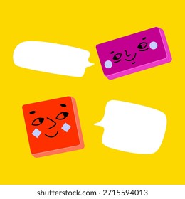 Dos caracteres antropomórficos en forma de Formas geométricas: cuadrado y rectángulo, con caras amistosas sobre fondo amarillo rico y cuadros de diálogo. Ilustración vectorial de mensajes de redes sociales.