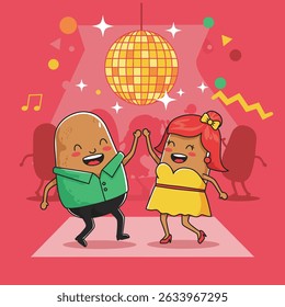 Two anthropomorphic food characters, a potato and a tomato, are dancing joyfully under a disco ball.
