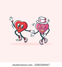 Two anthropomorphic hearts joyfully dance hand in hand expressing happiness and togetherness.