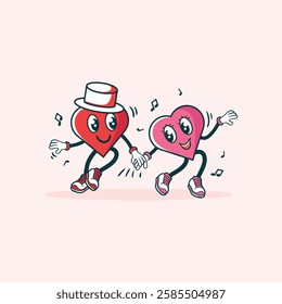 Two anthropomorphic hearts joyfully dance and hold hands while music notes float around them.