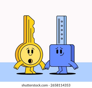 Two anthropomorphic keys, one gold and one blue, holding hands with expressive face in cartoon illustration style vector symbolizes partnership, connection, or security