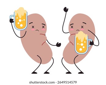 two anthropomorphic kidney characters drunk or tipsy while holding a beer mug representing the effects of alcohol on kidney health
