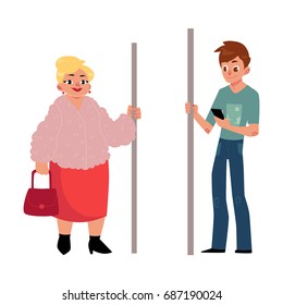Two antipode subway passengers - plump woman, housewife and young man with smartphone, cartoon vector illustration isolated on white background. Passengers standing in subway, fat woman and young man