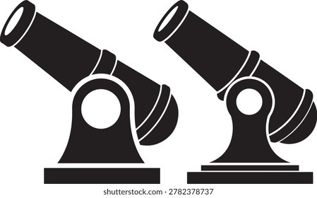 Two antique cannons, military weapon silhouette, historical artillery.
