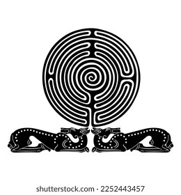 Two antique dogs or deer holding a round spiral maze or labyrinth symbol. Creative concept. Black and white silhouette. 
