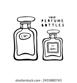 Two antique glass perfume bottles with oval stopper. Black and white fashion sketches. Vector illustration