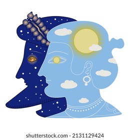 Two antique heads in profile. Man and woman as sunny day and starry night. Juxtaposition of male and female.