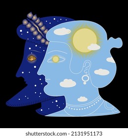 Two antique heads in profile. Man and woman as sunny day and starry night. Juxtaposition of male and female. On black background.